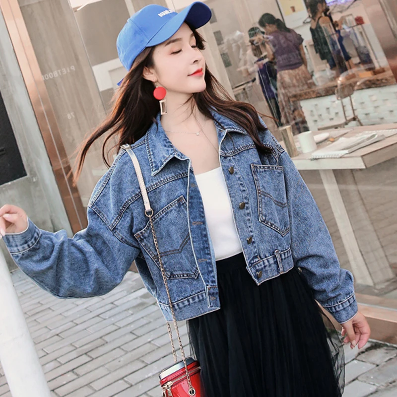 

2019 Women long basical jeans jacket coat Bleach Full Sleeves big pocket Slim Women Denim Jacket