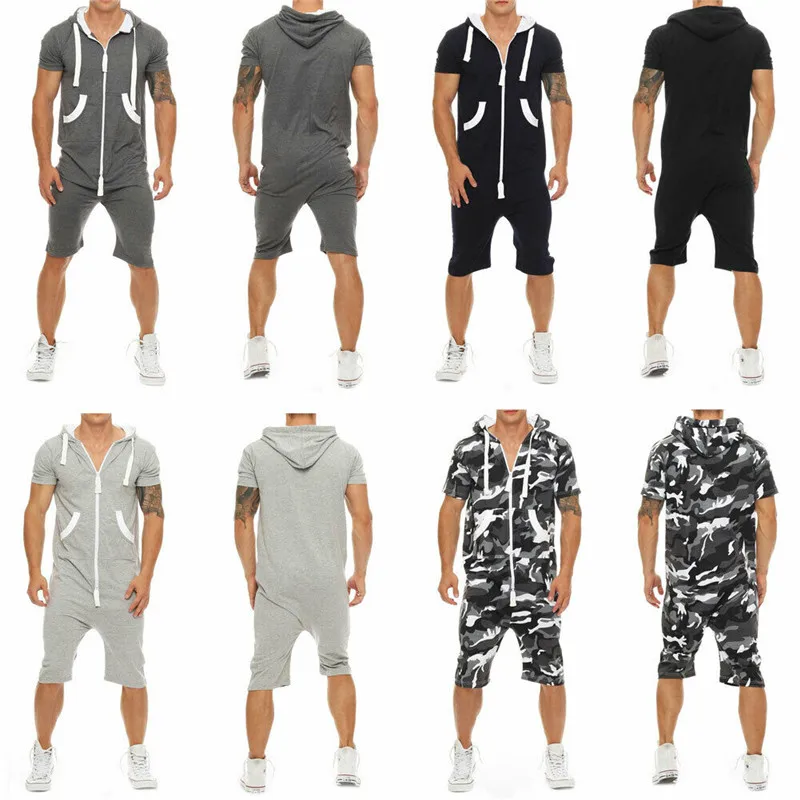 HIRIGIN Stylish Men Short Sleeve Romper Casual Jumpsuit Hooded One Piece Playsuits Wear Sets