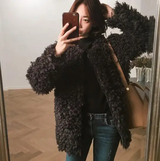 Cou Lâche Agneau Noir Faux O coffee Longue Shaggy Noir Vestes Mi D'hiver Long Élégant Bouclés Fourrure Poilu rose Manteau Femmes dark Brown Survêtement De Rose Laine 7ZqwOX