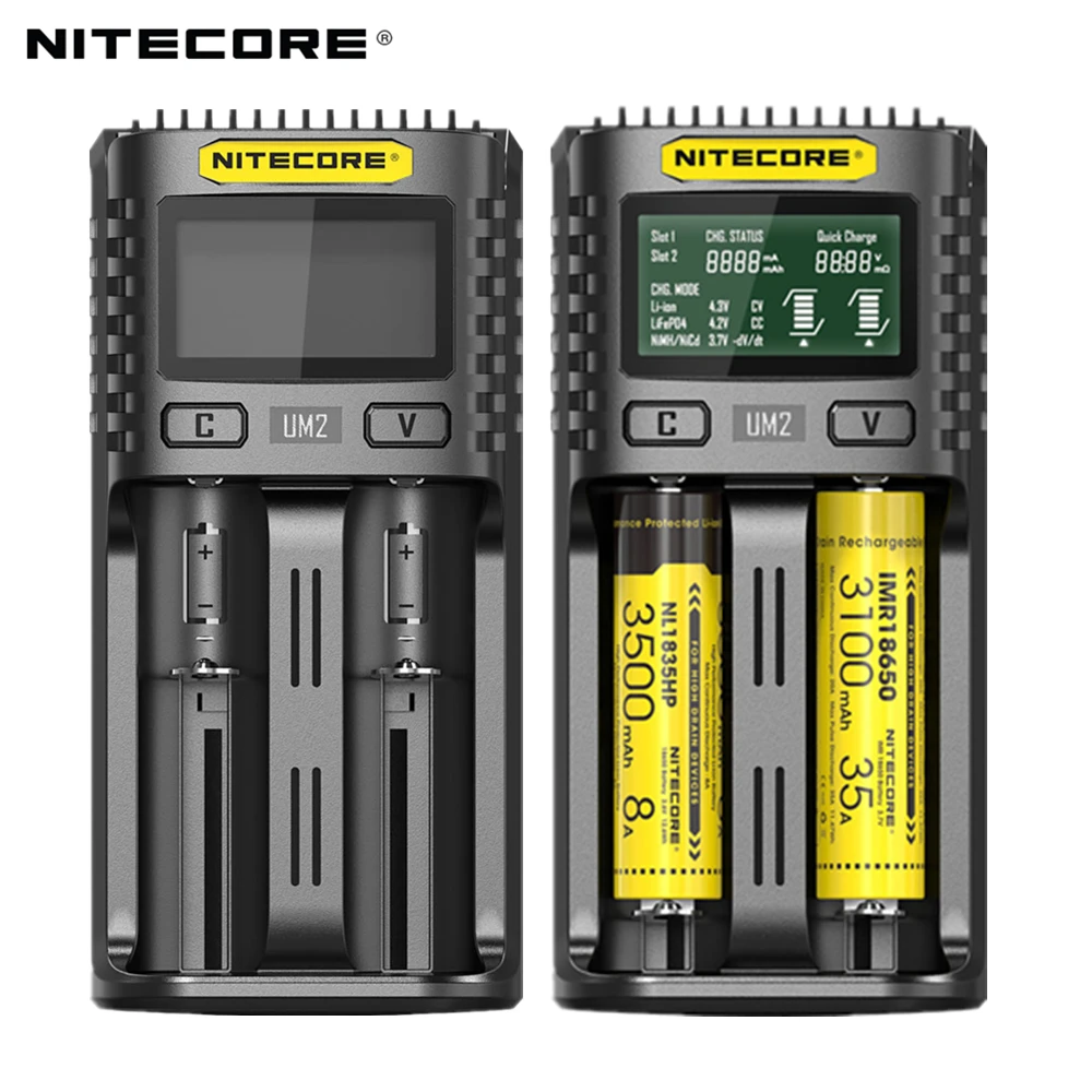 Nitecore UM2 USB двойной слот QC зарядное устройство интеллектуальная схема глобальная страховка Li-Ion AA AAA 18650 14500 21700 зарядное устройство