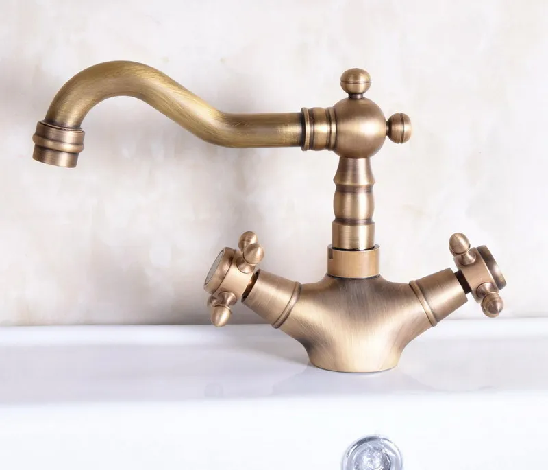 Two Cross Handles Antique Brass Single Hole Swivel Spout Kitchen Sink Bathroom Vessel Basin Faucet Mixer Tap anf245
