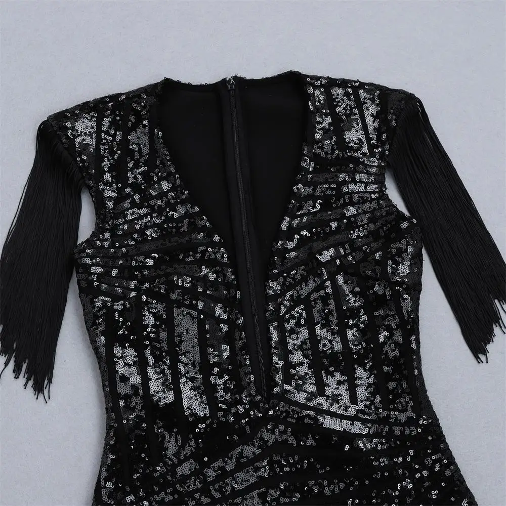 Women's New Products Summer Celebrity Party Black V-neck Sequins Fringe Slim Thin Mini Dress Vestidos Sexy Fas Dress+ suit