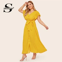 Sheinside Plus Size V Neck Polka Dot Dress Women Summer Flounce Sleeve Shirt Dresses Ladies Button Up Detail Maxi Dress