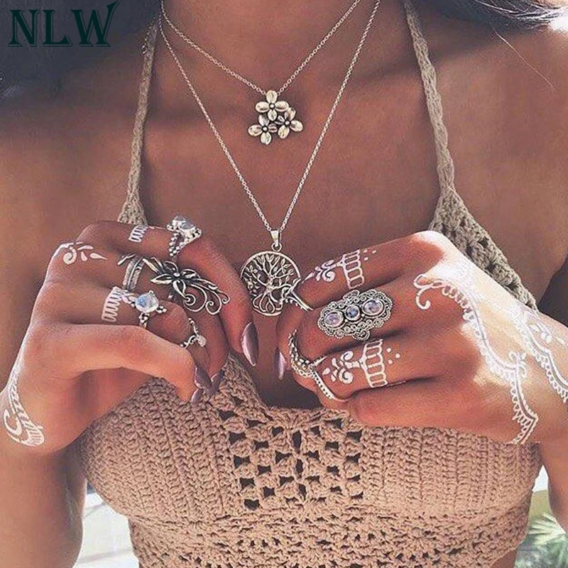 

NLW Boho Gold Chain Silver Statement Necklace Pendant Women Harajuku Tree of Life Round Necklace Jewelry Layered Collier Femme