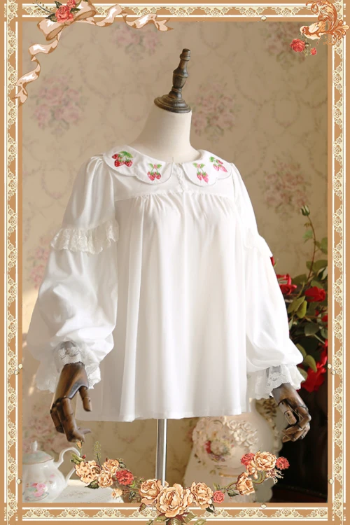 

Sweet White Loose Women's Chiffon Blouse Strawberry Embroidered Long Sleeve Chiffon Top by Infanta