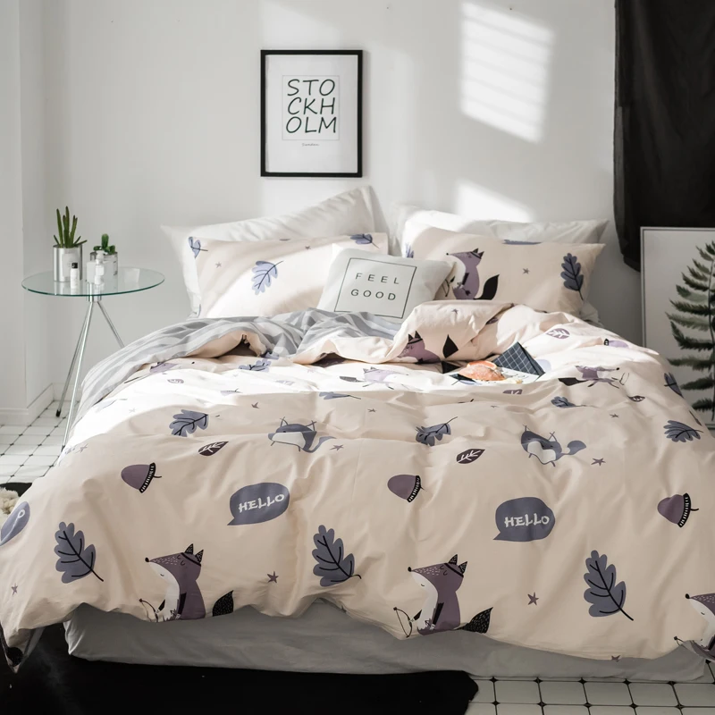 

Papa&Mima Pastoral style bedding set Little fox holding a bow print Cotton Queen King size duvet cover flat sheet pillowcases