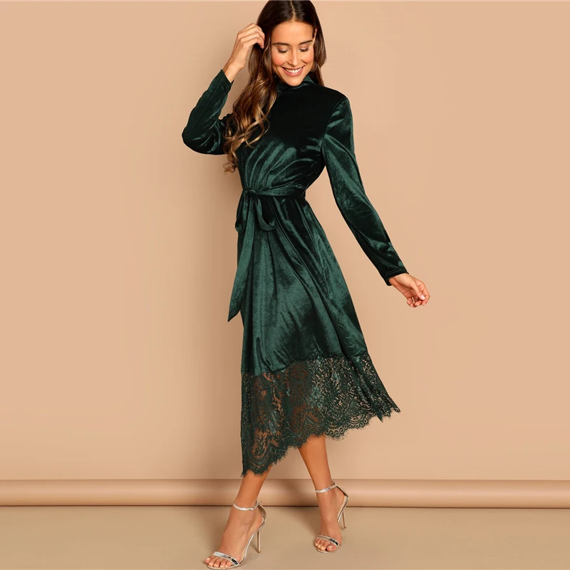 Sheinside, зеленое бархатное платье с поясом на талии и воротником-стойкой, женские повседневные платья с длинным рукавом, осень, прямое женское однотонное длинное платье