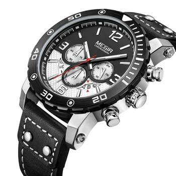 

Megir Brand Men's Casual Luxury Luminous Watch Multiple Functions Genuine Leather Waterproof Chronograph Army Sport Man Watches