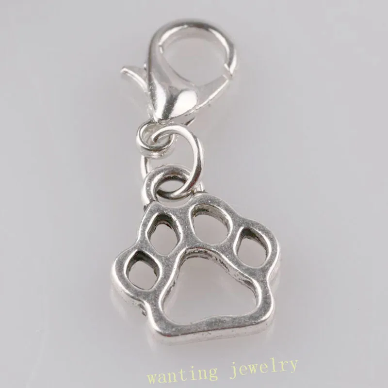 

100pcs Hot Fashion Antique Silver Dog Paw Prints Dangle Bead Charm With Lobster Clasp Fit Charm bracelets Key Chain Purse