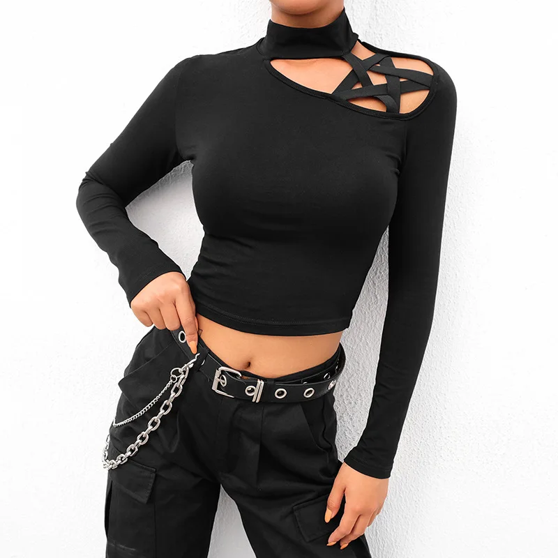 

YYXZ Fashion Slim Solid Color Five-pointed Star Long Sleeve Turtleneck Lady Tee SML Woman Casual Short Cotton T-Shirt Crop Top