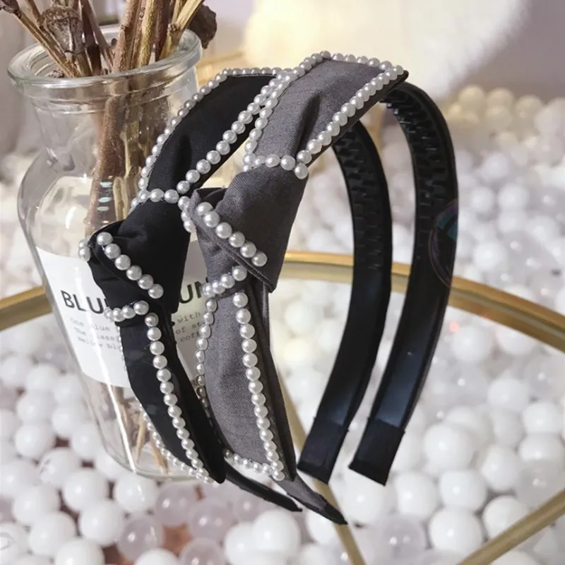 

High-end hair accessories women's handmade pearl bow fine side with teeth non-slip headband headband fashion hair band headwear