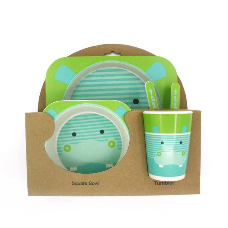 5 шт. креативная Милая мультяшная миска разделительная тарелка ложка Вилка чашка Защита окружающей среды бамбуковое волокно детская мультяшная посуда - Цвет: Green hippo