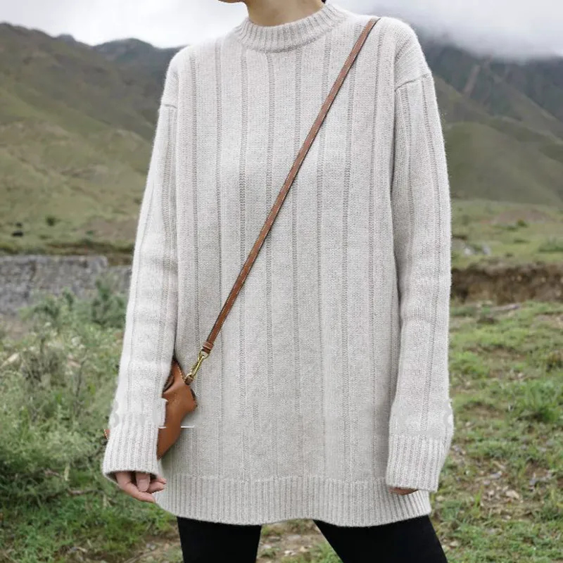 Lafarvie New 2019 Korean O-neck Thick Knitted Cashmere Sweater Women Autumn Winter Loose Long Pullover Knitting Sweater Jumper