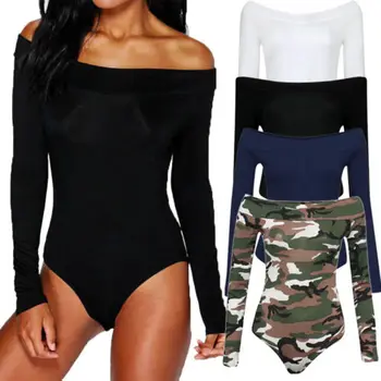 

2017 Women Bodysuit Ladies Off Shoulder Long Sleeve Leotard Plain Stretch Slash Neck Tops Solid Camouflage