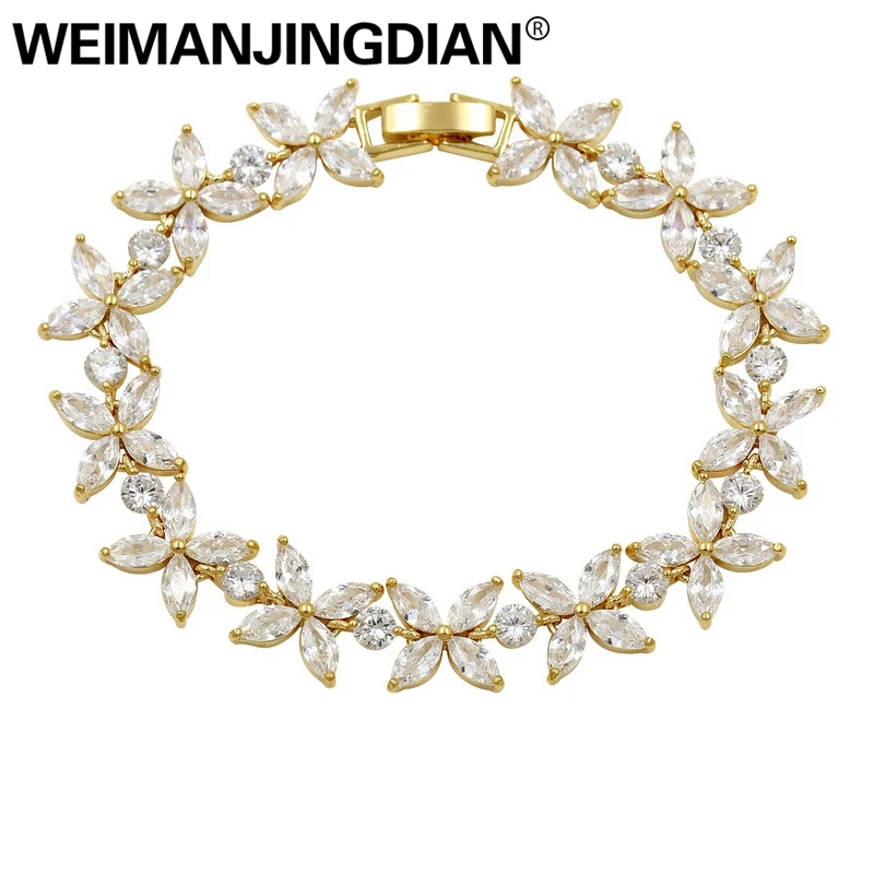 WEIMANJINGDIAN زهرة زركون كريستال تنس الزفاف أساور للنساء في الذهب الأبيض/ارتفع الذهب الألوان مطلي