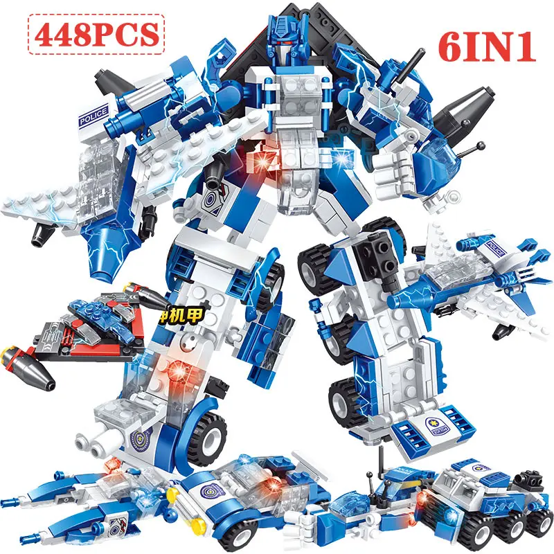 

448pcs City Police Mecha Deformation Robot Building Blocks Compatible Legoed Military 6 IN 1 Bricks Kit Birthday Toys for Kids