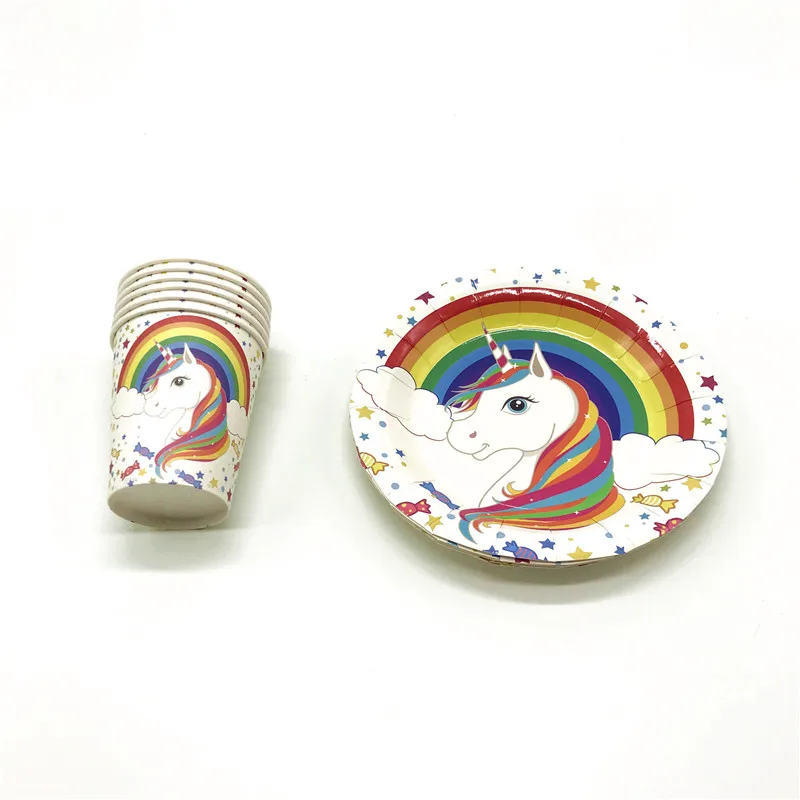 

Rainbow Unicorn Theme Disposable Paper 12Cup+12Plate Wedding Family Party Boy Favors Birthday Party Decoration Supply 24Pcs/Lot