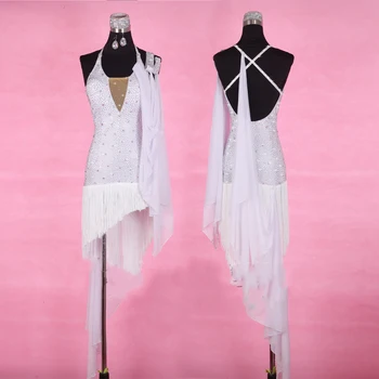 

New Latin Dance Dress Women White Tassel Sequins Rhinestone Dresses Samba Tango Clothes Lady Competition Performance Wear DN1941