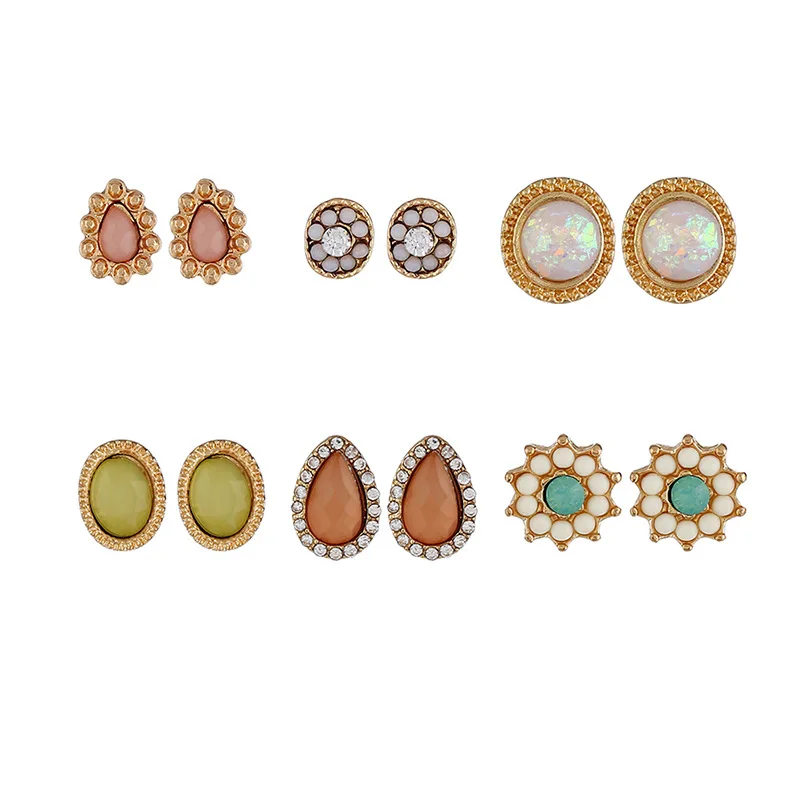 

6 Pairs/Set New Arrival Round Oval Shaped Gold Color Alloy Resin Stud Earring Set For Women Flower Water Drop Ear Jewelry