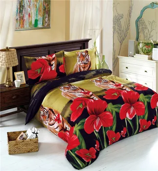 

3D Tiger Bedding Set Red Flowers Print Duvet Cover Set Bed Sheets King Queen Bed Linens Soft Bedclothes Pillowcase 4Pcs D30