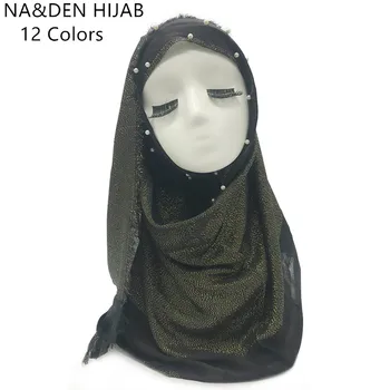 

Nail pearl with tassel and spun gold cotton shawl plain solid women square scarf fashion kerchief foulard Muslim hijabs 10pcs