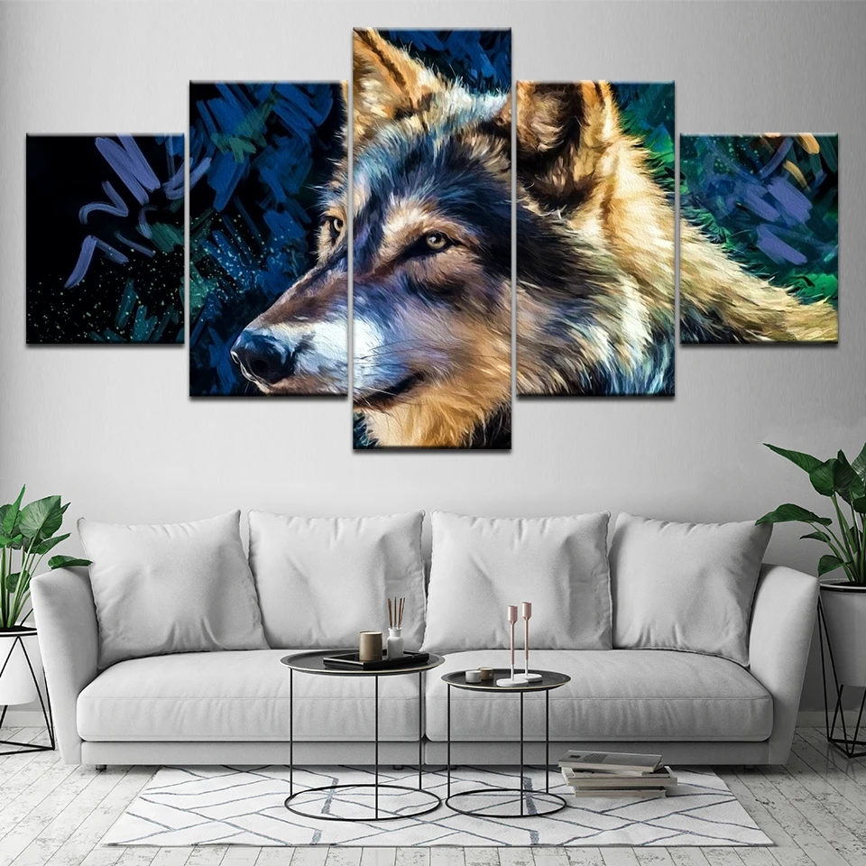 Modular Canvas Living Room Pictures Poster Home Decor 5 Panel Animal Gray Dog Framework HD Printed Modern Painting Wall Art | Дом и сад