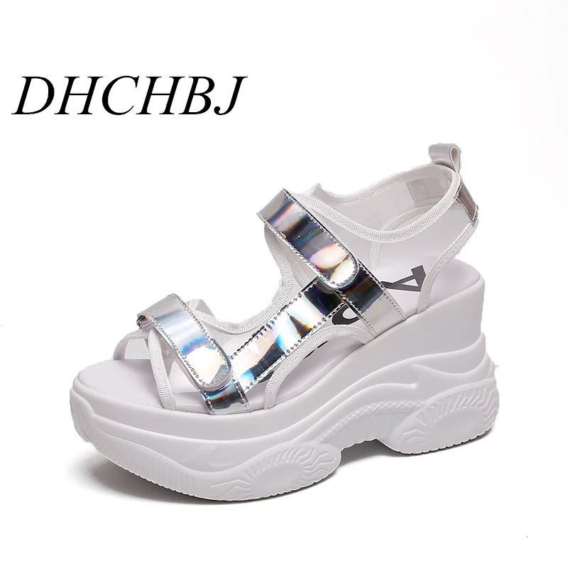 

silver glitter high platform sandals women thick bottom comfortable hook loop summer shoes woman casual sandalias mujer