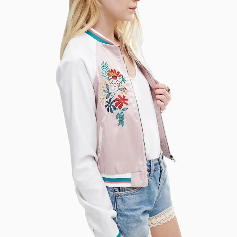 Autumn Women Casual Floral Embroidery Bomber Jacket Ladies