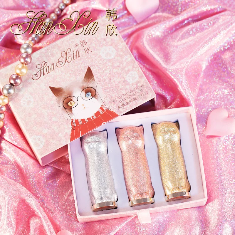 

3pcs/Set Luxury Cute Cat Print Glitter Lip Stick Kit Moisturizing Nourishing Pink Mermaid Batom Waterproof Shimmer Lipstick