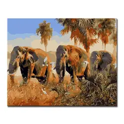 Рамка DIY живописи маслом по номерам расписанную Слоны ходить на пастбища картины на холсте Home Decor Гостиная стены Книги по искусству