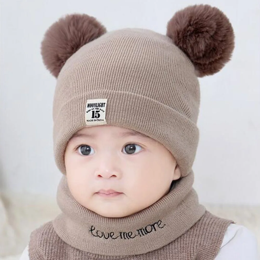 

2pcs/set Children Kid Knit Warm Winter Letter Print Hat Bobble Beanie Cap + O Ring Scarf Neckerchief