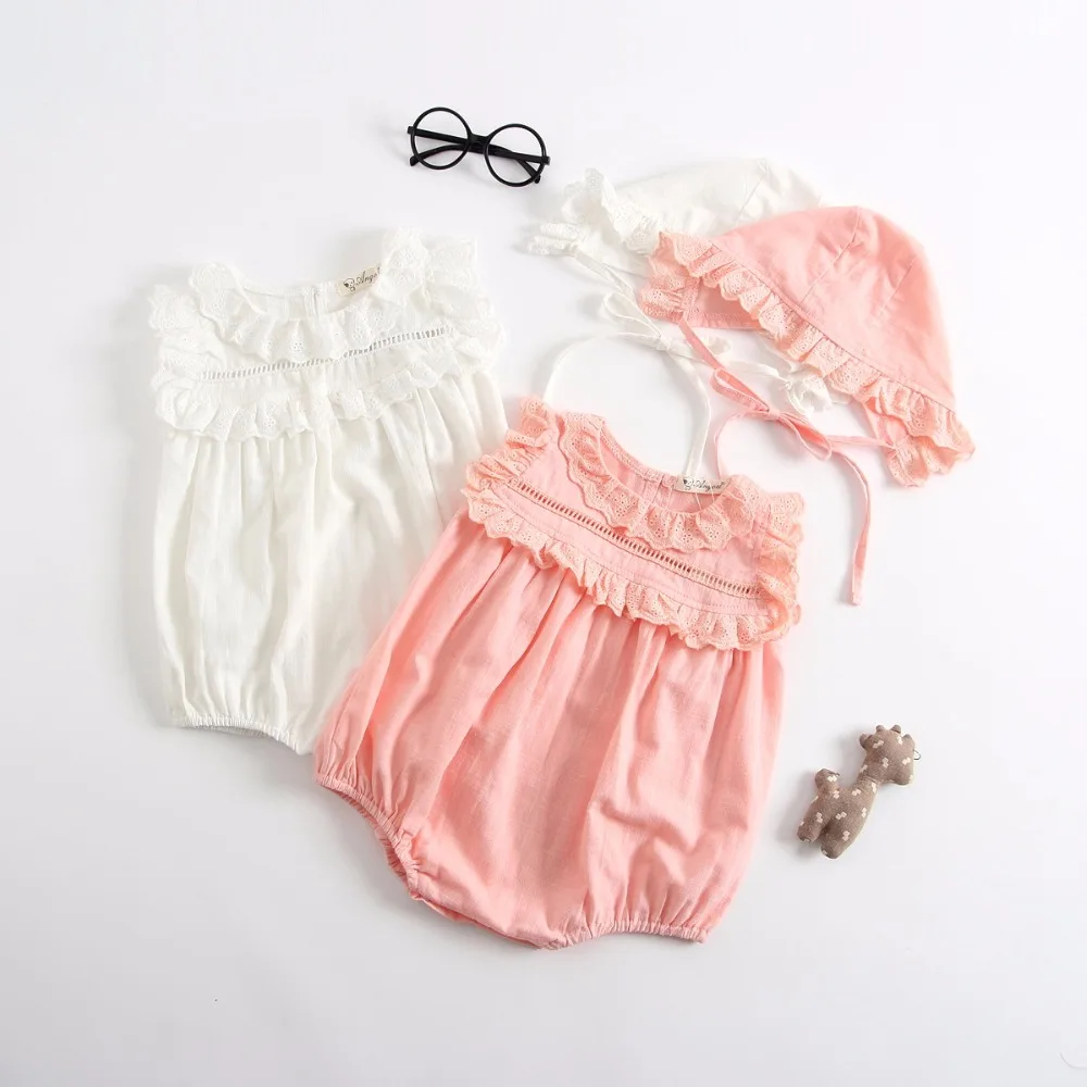 

New Born Girls Clothes Solid Pink White Colour Newborn Baby Girls Summer Clothes Set Sleeveless Lace Bodysuit Boutique Costume