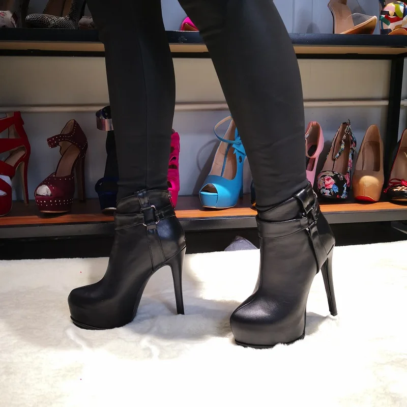 Оригинальные пикантные ботильоны с круглым носком на высоком каблуке; модные черные ботинки высокого качества; женская обувь; большие размеры 4-15