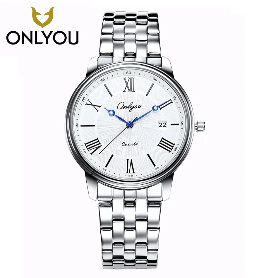 

Onlyou Men Silver Watches Business Leisure Watch Couple Watch Date Display Wristwatch Steel Band Women Watches Male Clock