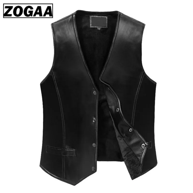 

ZOGGA 2019 Black Leather Vest Men 5XL Winter Slim Fit Waistcoat Gentleman Genuine Sheepskin Leather Business Sleeveless Jackets