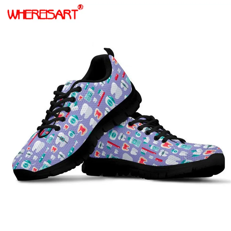 

WHEREISART Spring Flats Women Dentist Printing Sneakers for Feminine Lace-up Mesh Flats Ladies Fashion Nursing Shoes Footwear