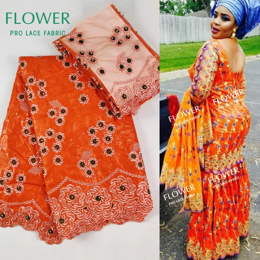 

Orange Color Bazin Riche Brode Lace Fabric With 2 Yards Net Blouse Beaded Embroidery Gold Line Guipure Fabric African Beads Lace
