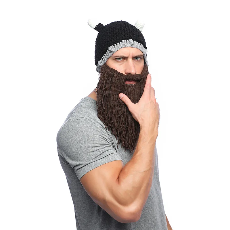Barbarian Viking Beanie Beard Horn Hat Handmade Knit Winter Warm Cap Birthday Cool Funny Gag Party Xmas Gifts Bearded Mask Hat