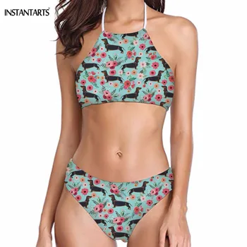 

INSTANTARTS Women High Neck Bikini Set Cute Black Dachshund Dog/Puppy Print Halter Swimming Suits Push Up Bandage Bathing Wear