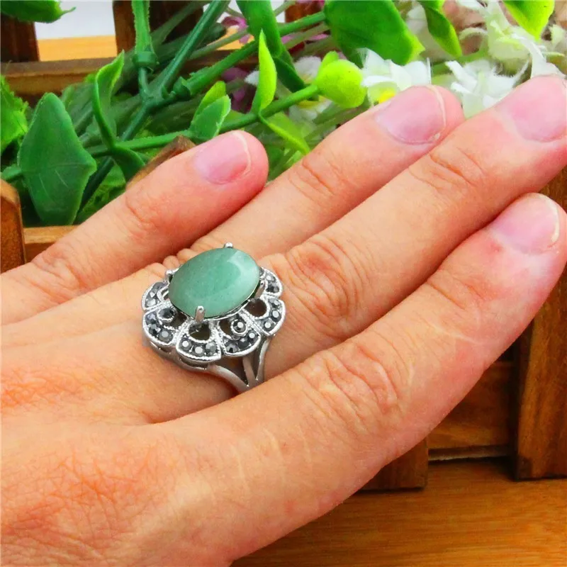 Oval Natural Stone Rings For Women Vintage Look Antique Silver Plated Rhinestone Plum Flower Gemstone Ring Fashion Jewelry TR693