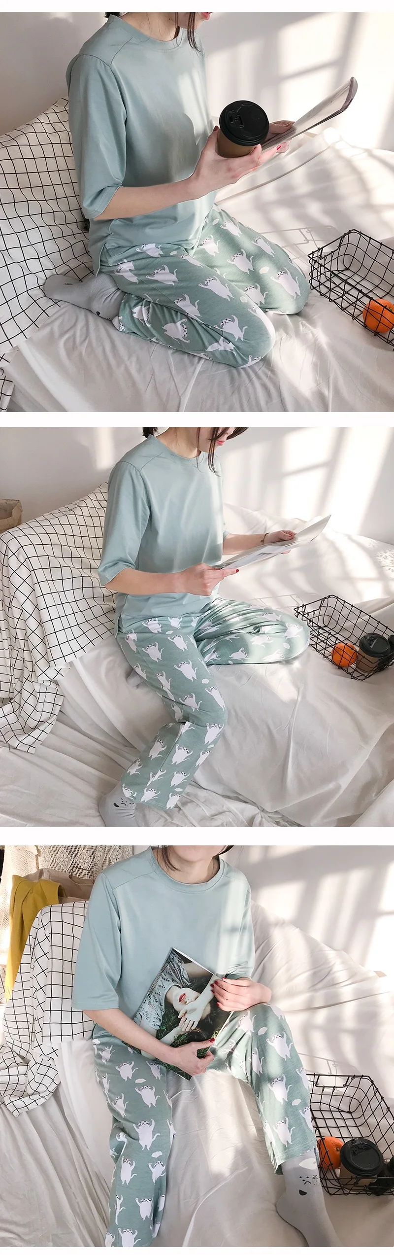 Новинка, Женский пижамный комплект, мягкая Пижама с рисунком кота, домашняя пижама, Женский хлопковый пижамный комплект, одежда для сна