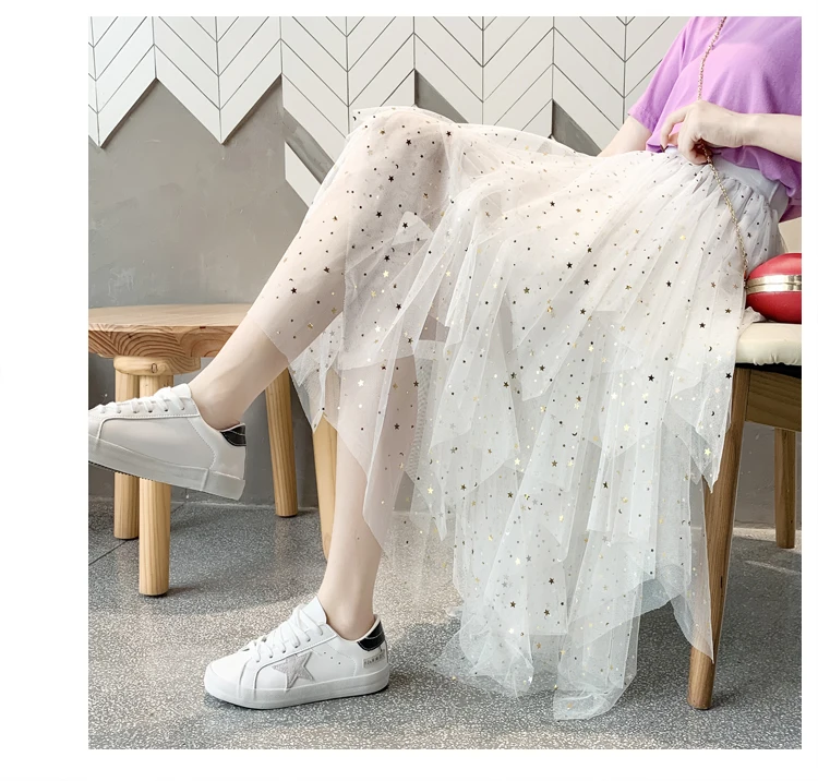 Women's Skirts Summer 2020 New Korean Stars Sequin Elegant High Waist A-line Pleated Elastic Belt School Spring Midi Skirt Femme