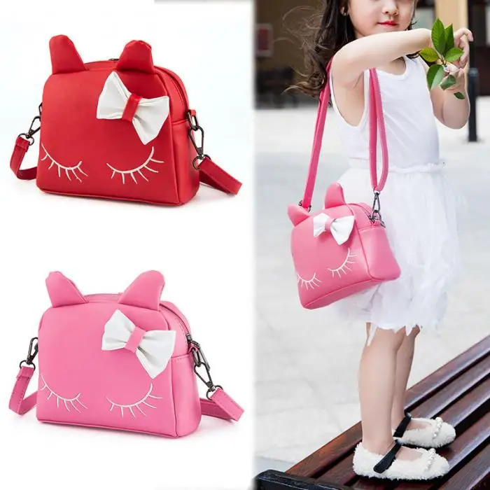 New Sweet Girl Shoulder Bag PU Leather Zipper Cute Cat Bow Handbag Kids Casual Bags WML99