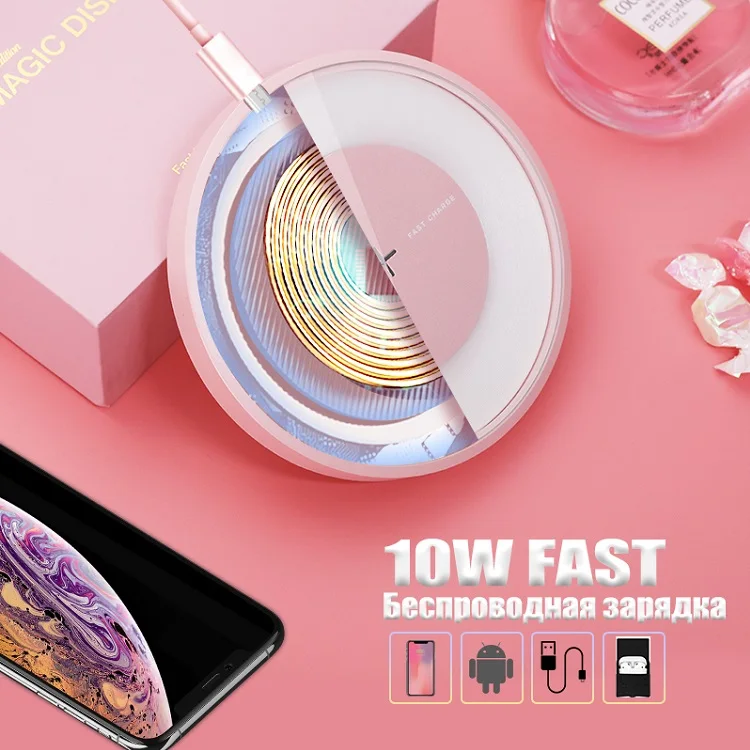Для samsung Note 10/S10/S10 Plus/S9 Беспроводное зарядное устройство 10 Вт быстрая Беспроводная зарядная площадка qi-сертифицированная для iPhone XS/8 Mi 9 зарядное устройство - Тип штекера: Disk 4 Charger Pink