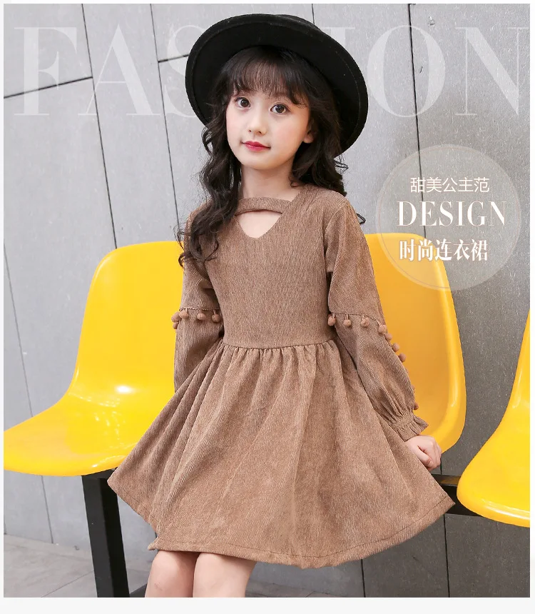 2017 New Autumn Vintage Style Baby Girl Velvet Dress Bowknot Lantern Sleeve Winter Kids Corduroy Pompoms Dresses for Girls (16)