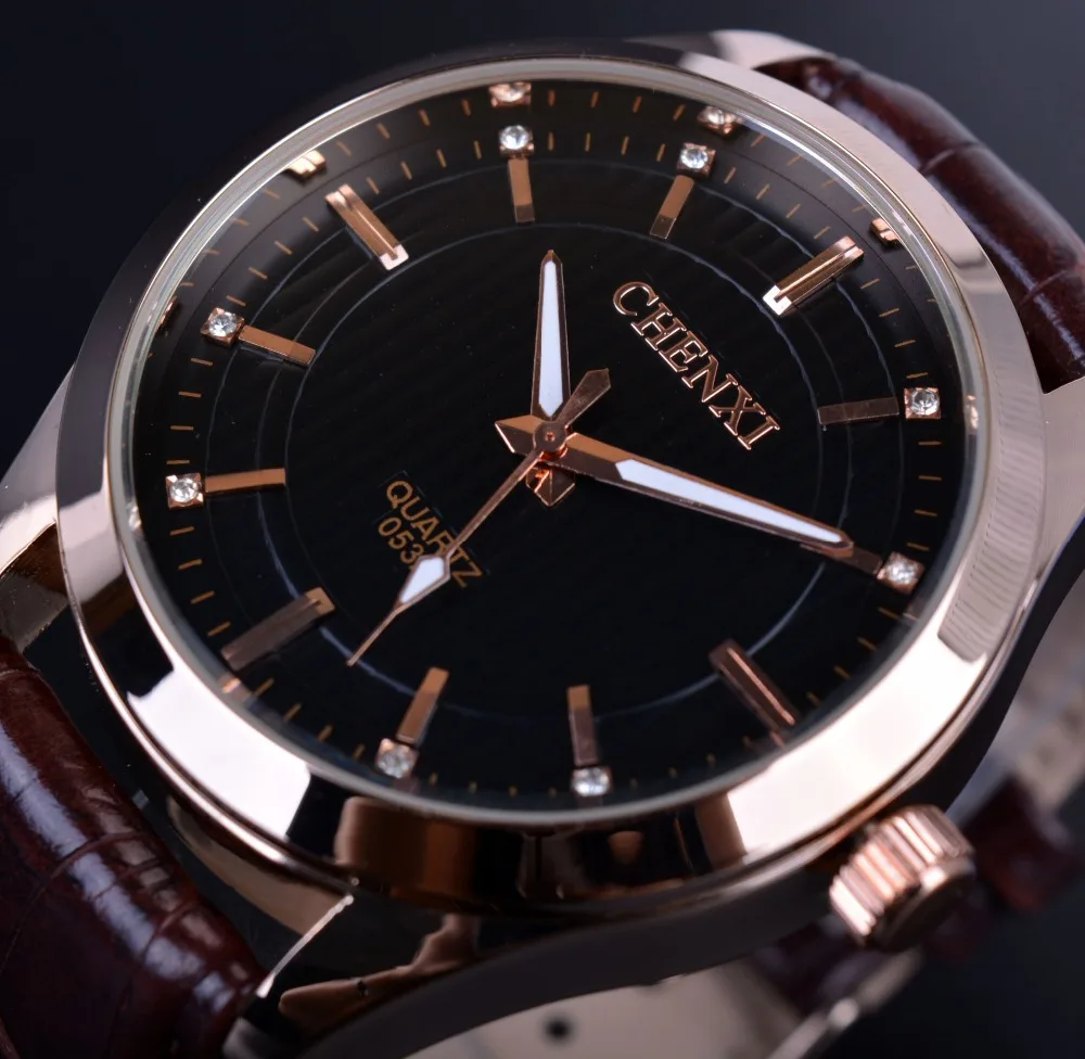 CHENXI Rose Gold Case Black Golden Diamond Dial Brown Leather Belt Classic Design Men Quartz Watches Men Luxury Brand Business