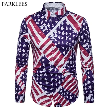 

2018 Brand Shirt Men Creative 3D American Flag print Chemise Homme Covered Button Mens Dress Shirts Long Sleeve Striped Camisa