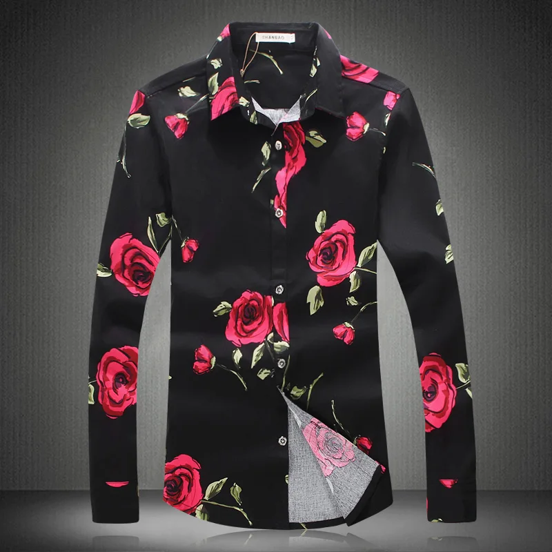 Black 2018 New Men Rose Shirts Long Sleeve Cotton Clothing Flowers