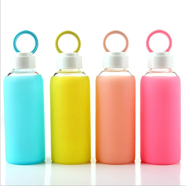420 мл красочные бисерные Стекло бутылка для воды+ Мягкий силиконовый рукав