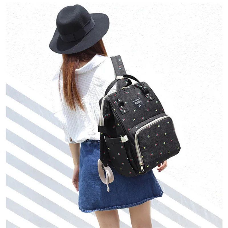 2 Colors Korean Flower Printed Zipper Loadable Handle Oxford Material Mummy&Baby Outdoor Diaper Change Backpack With Key Chain10